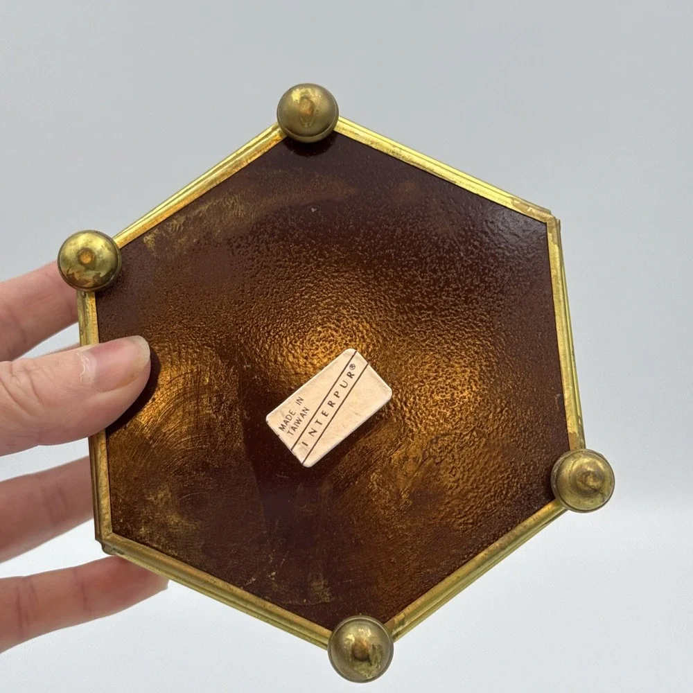 Stained Glass Mirror Brass Footed Trinket Box Flower Vintage Vanity Dresser